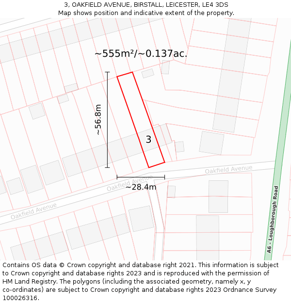 3, OAKFIELD AVENUE, BIRSTALL, LEICESTER, LE4 3DS: Plot and title map