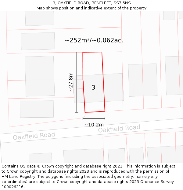3, OAKFIELD ROAD, BENFLEET, SS7 5NS: Plot and title map