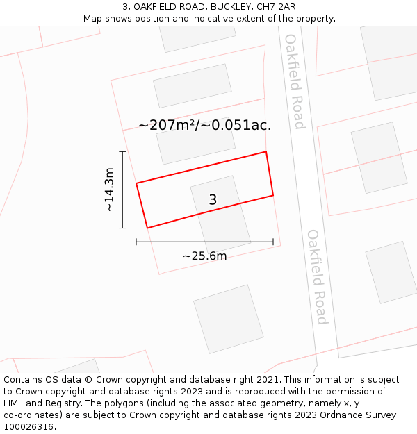 3, OAKFIELD ROAD, BUCKLEY, CH7 2AR: Plot and title map