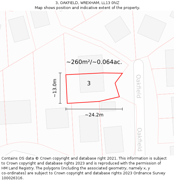 3, OAKFIELD, WREXHAM, LL13 0NZ: Plot and title map