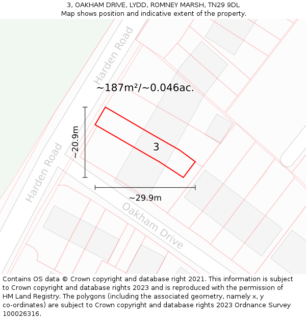 3, OAKHAM DRIVE, LYDD, ROMNEY MARSH, TN29 9DL: Plot and title map