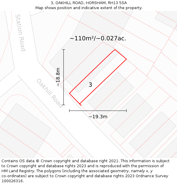 3, OAKHILL ROAD, HORSHAM, RH13 5SA: Plot and title map