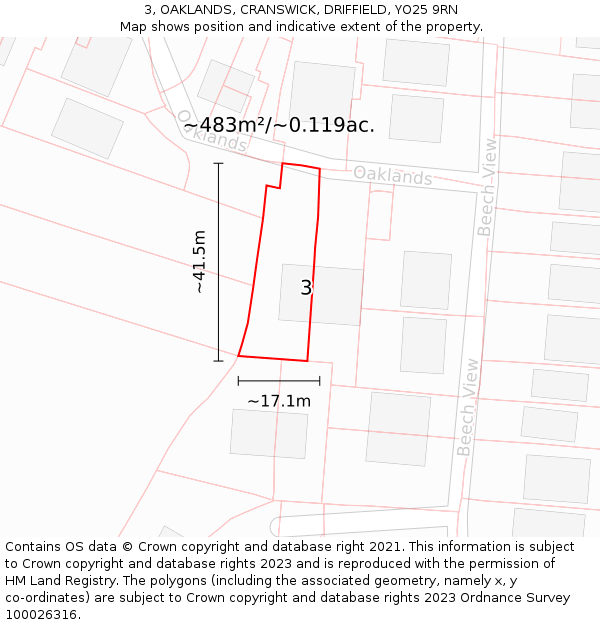 3, OAKLANDS, CRANSWICK, DRIFFIELD, YO25 9RN: Plot and title map
