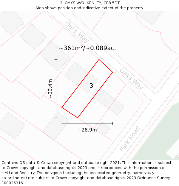 3, OAKS WAY, KENLEY, CR8 5DT: Plot and title map