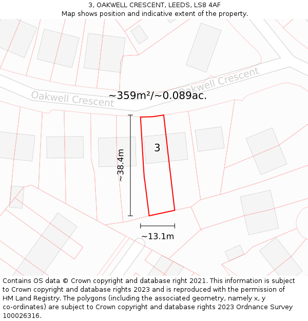 3, OAKWELL CRESCENT, LEEDS, LS8 4AF: Plot and title map