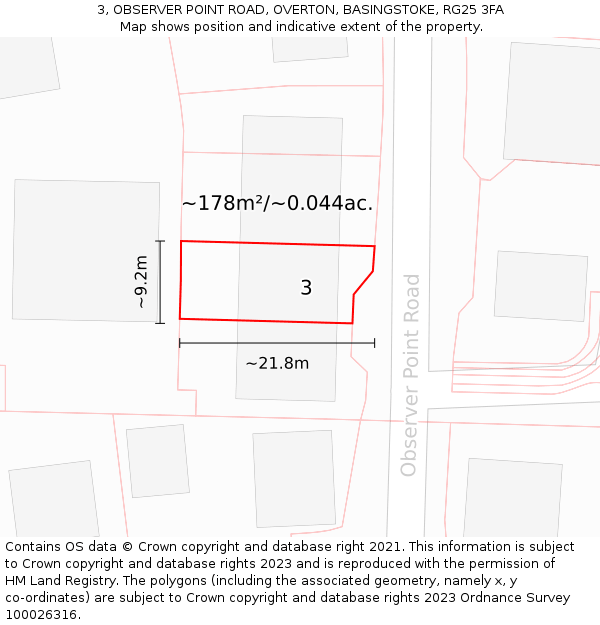 3, OBSERVER POINT ROAD, OVERTON, BASINGSTOKE, RG25 3FA: Plot and title map