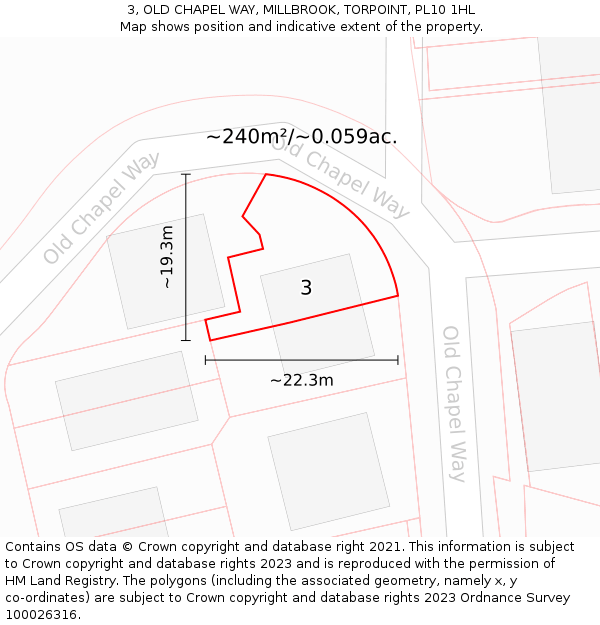 3, OLD CHAPEL WAY, MILLBROOK, TORPOINT, PL10 1HL: Plot and title map