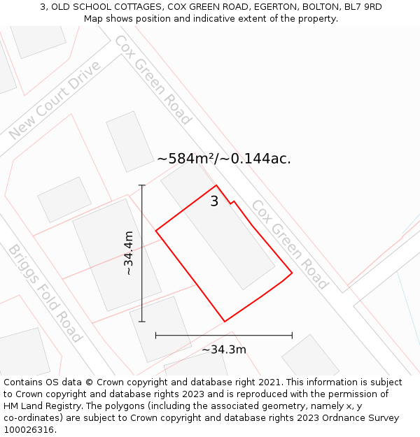 3, OLD SCHOOL COTTAGES, COX GREEN ROAD, EGERTON, BOLTON, BL7 9RD: Plot and title map