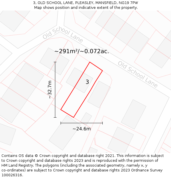 3, OLD SCHOOL LANE, PLEASLEY, MANSFIELD, NG19 7PW: Plot and title map
