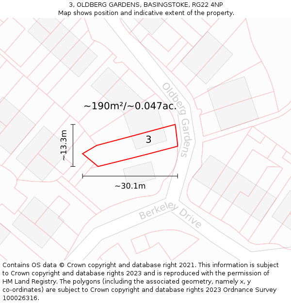 3, OLDBERG GARDENS, BASINGSTOKE, RG22 4NP: Plot and title map