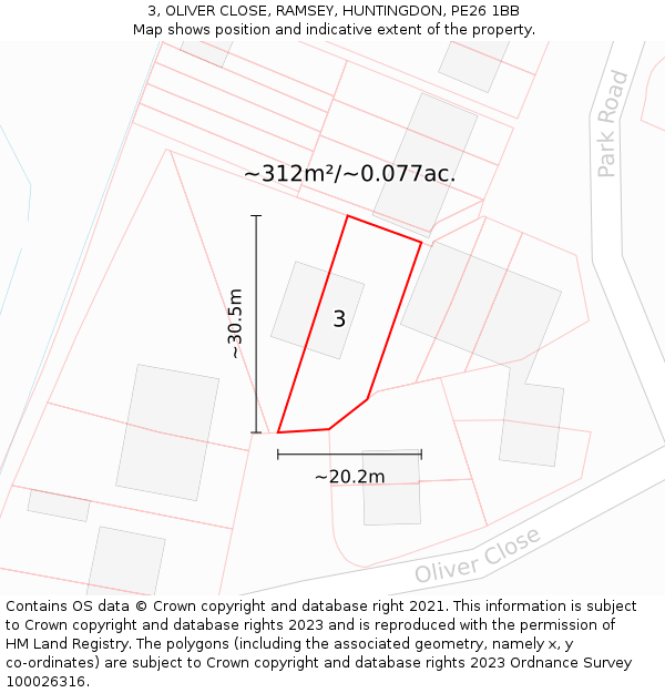 3, OLIVER CLOSE, RAMSEY, HUNTINGDON, PE26 1BB: Plot and title map