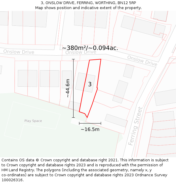3, ONSLOW DRIVE, FERRING, WORTHING, BN12 5RP: Plot and title map