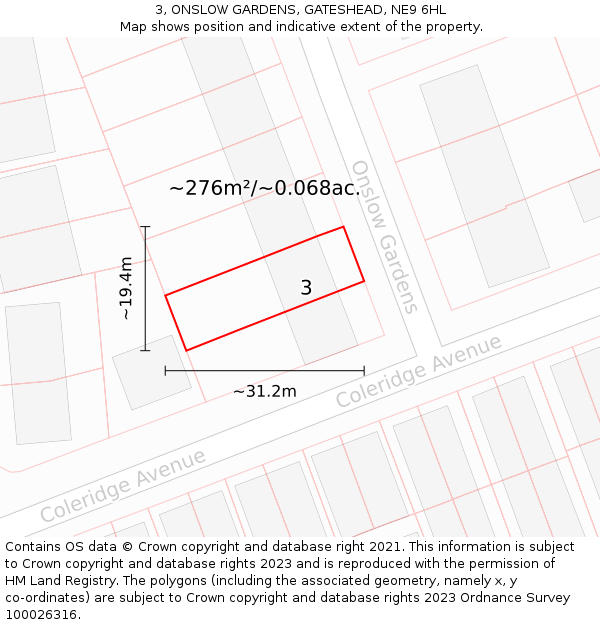 3, ONSLOW GARDENS, GATESHEAD, NE9 6HL: Plot and title map