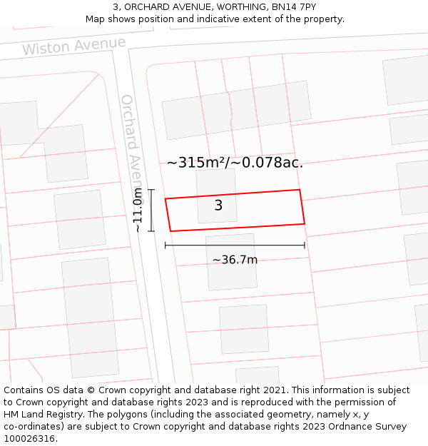 3, ORCHARD AVENUE, WORTHING, BN14 7PY: Plot and title map