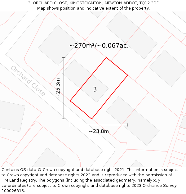 3, ORCHARD CLOSE, KINGSTEIGNTON, NEWTON ABBOT, TQ12 3DF: Plot and title map
