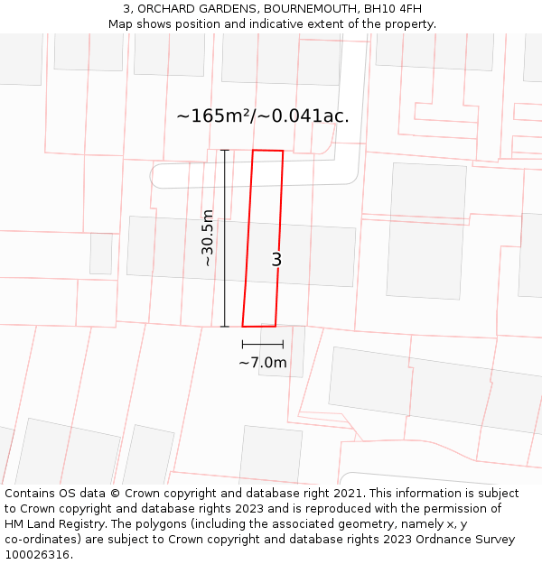 3, ORCHARD GARDENS, BOURNEMOUTH, BH10 4FH: Plot and title map