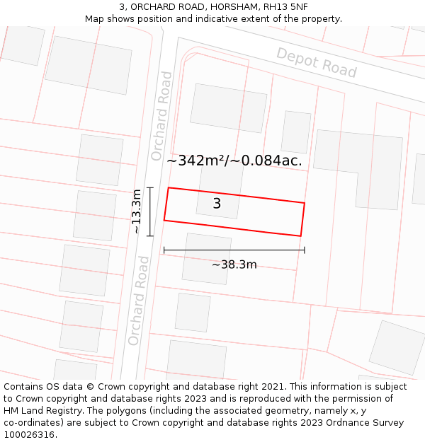 3, ORCHARD ROAD, HORSHAM, RH13 5NF: Plot and title map