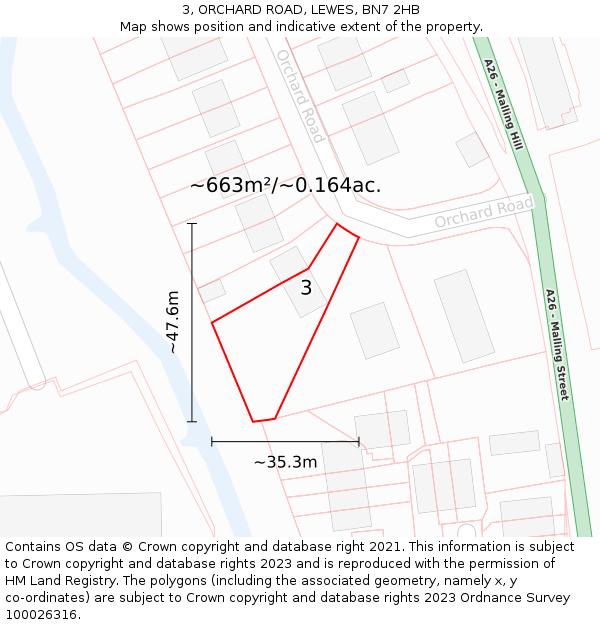 3, ORCHARD ROAD, LEWES, BN7 2HB: Plot and title map