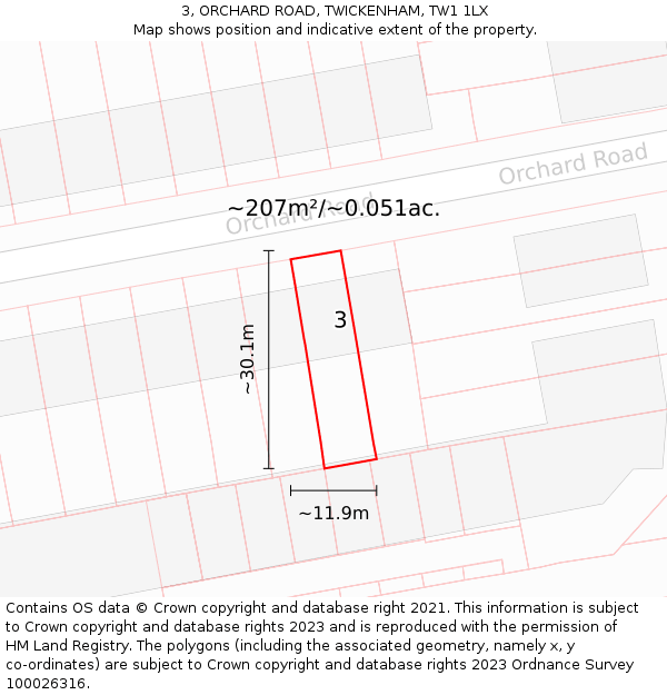 3, ORCHARD ROAD, TWICKENHAM, TW1 1LX: Plot and title map