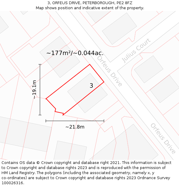 3, ORFEUS DRIVE, PETERBOROUGH, PE2 8FZ: Plot and title map