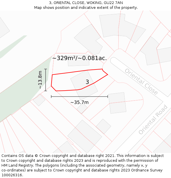 3, ORIENTAL CLOSE, WOKING, GU22 7AN: Plot and title map