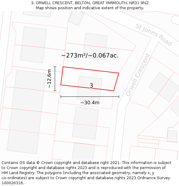 3, ORWELL CRESCENT, BELTON, GREAT YARMOUTH, NR31 9NZ: Plot and title map