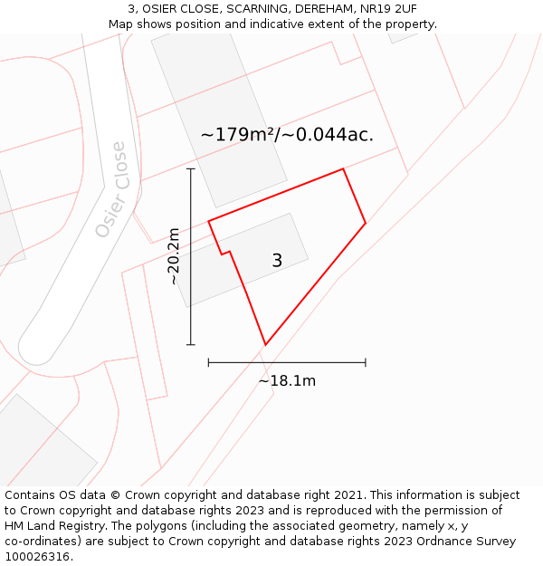 3, OSIER CLOSE, SCARNING, DEREHAM, NR19 2UF: Plot and title map