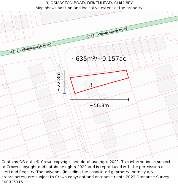 3, OSMASTON ROAD, BIRKENHEAD, CH42 8PY: Plot and title map