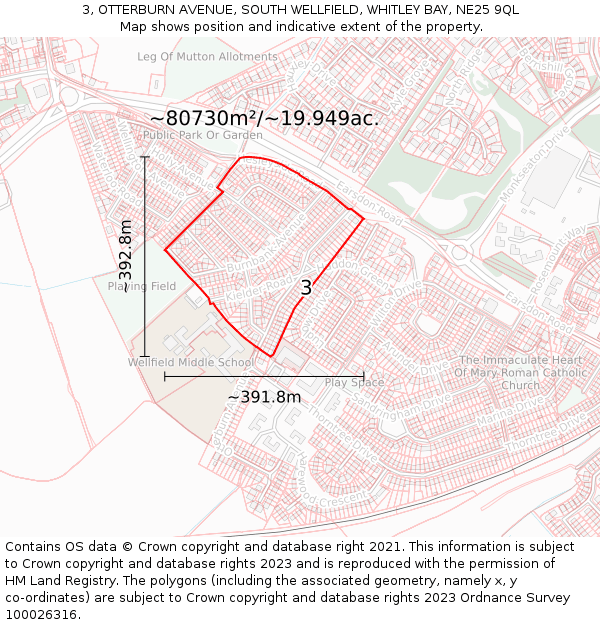 3, OTTERBURN AVENUE, SOUTH WELLFIELD, WHITLEY BAY, NE25 9QL: Plot and title map