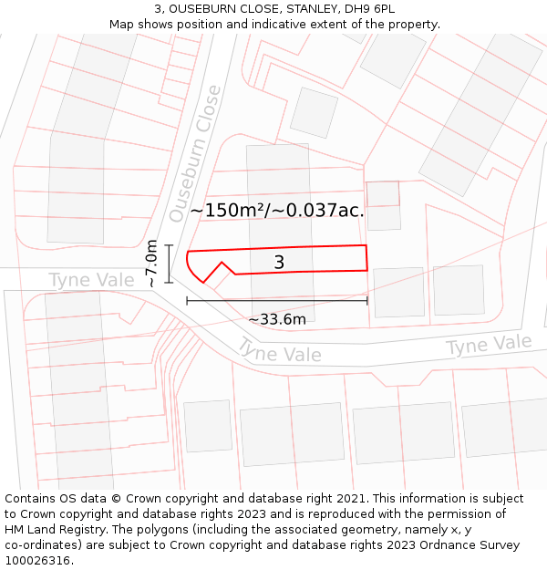 3, OUSEBURN CLOSE, STANLEY, DH9 6PL: Plot and title map