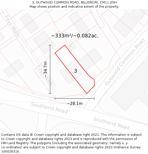3, OUTWOOD COMMON ROAD, BILLERICAY, CM11 2NH: Plot and title map