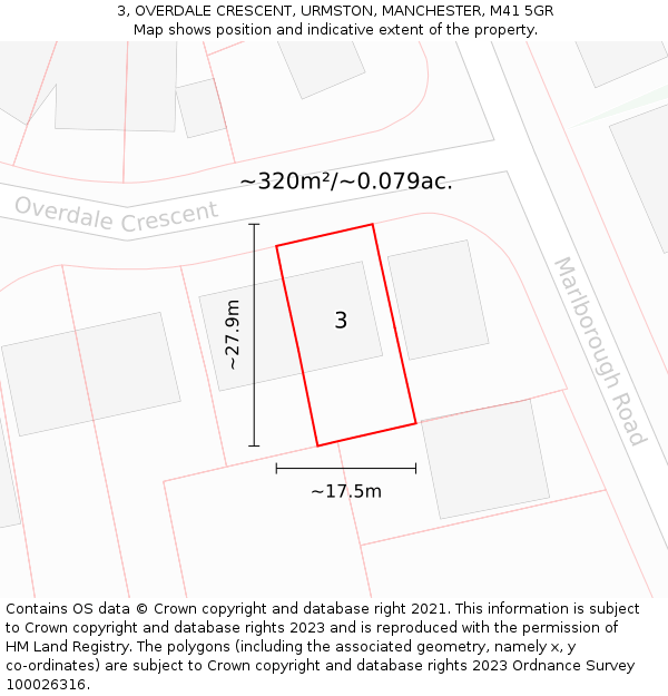 3, OVERDALE CRESCENT, URMSTON, MANCHESTER, M41 5GR: Plot and title map
