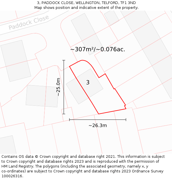 3, PADDOCK CLOSE, WELLINGTON, TELFORD, TF1 3ND: Plot and title map
