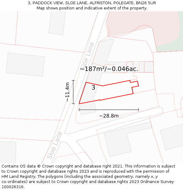 3, PADDOCK VIEW, SLOE LANE, ALFRISTON, POLEGATE, BN26 5UR: Plot and title map