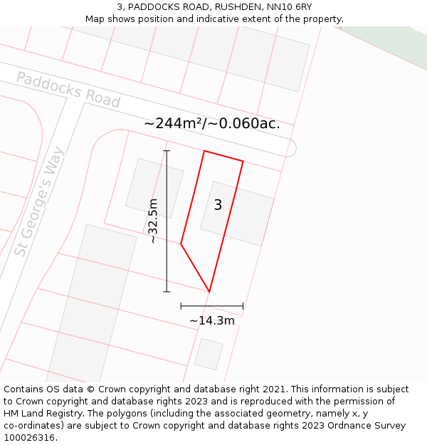 3, PADDOCKS ROAD, RUSHDEN, NN10 6RY: Plot and title map