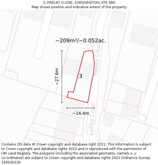 3, PADLEY CLOSE, CHESSINGTON, KT9 2BA: Plot and title map