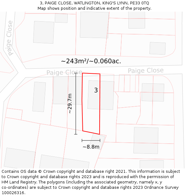 3, PAIGE CLOSE, WATLINGTON, KING'S LYNN, PE33 0TQ: Plot and title map