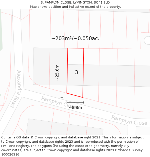 3, PAMPLYN CLOSE, LYMINGTON, SO41 9LD: Plot and title map
