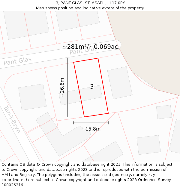 3, PANT GLAS, ST. ASAPH, LL17 0PY: Plot and title map
