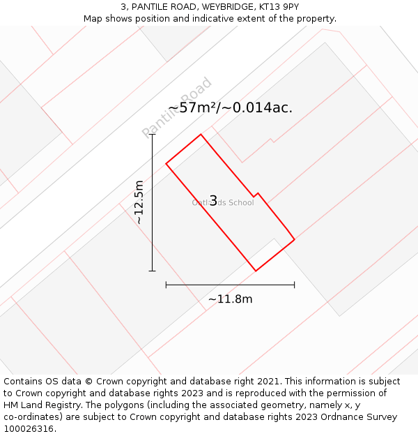 3, PANTILE ROAD, WEYBRIDGE, KT13 9PY: Plot and title map