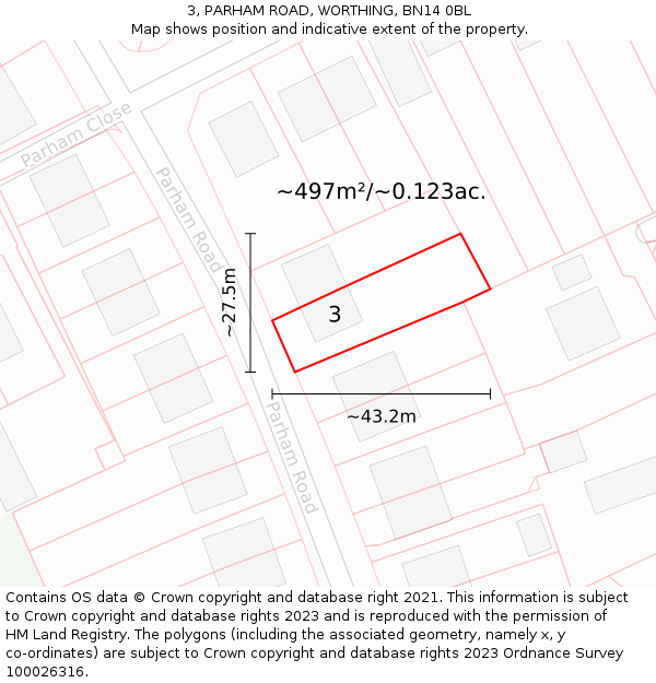 3, PARHAM ROAD, WORTHING, BN14 0BL: Plot and title map