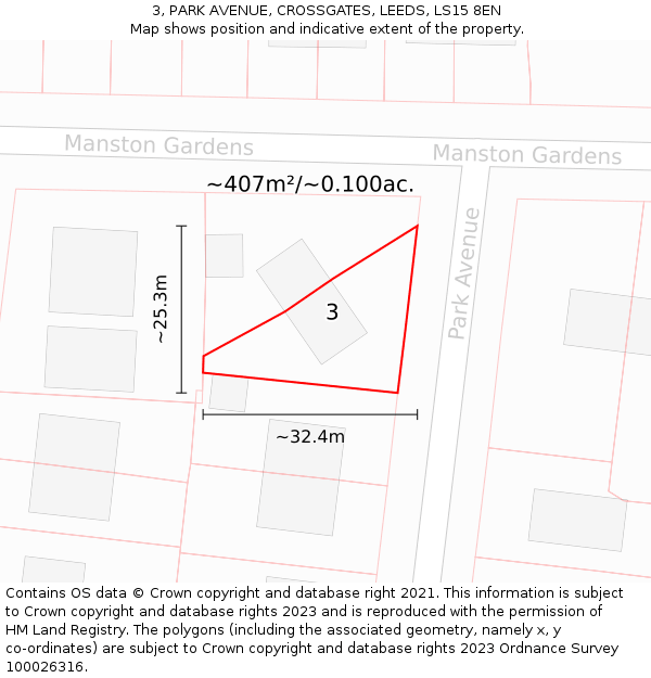 3, PARK AVENUE, CROSSGATES, LEEDS, LS15 8EN: Plot and title map