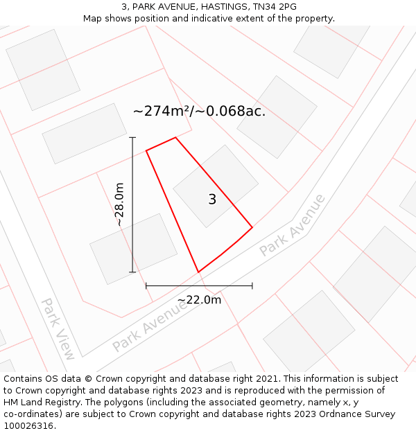 3, PARK AVENUE, HASTINGS, TN34 2PG: Plot and title map