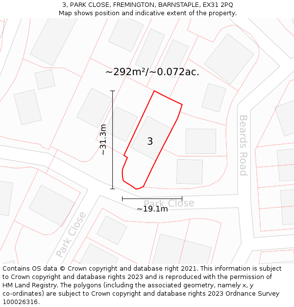 3, PARK CLOSE, FREMINGTON, BARNSTAPLE, EX31 2PQ: Plot and title map