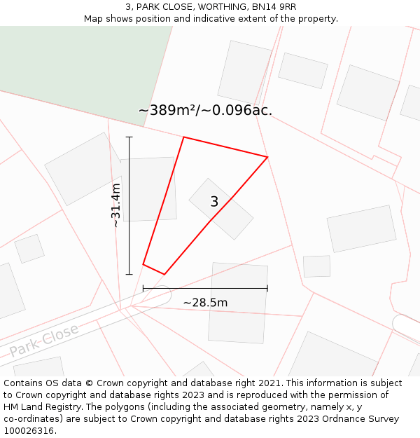 3, PARK CLOSE, WORTHING, BN14 9RR: Plot and title map