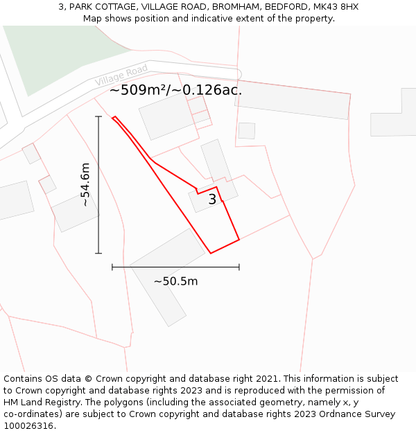 3, PARK COTTAGE, VILLAGE ROAD, BROMHAM, BEDFORD, MK43 8HX: Plot and title map