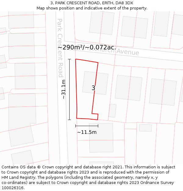 3, PARK CRESCENT ROAD, ERITH, DA8 3DX: Plot and title map