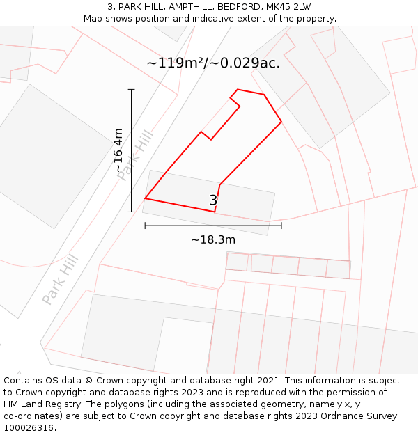 3, PARK HILL, AMPTHILL, BEDFORD, MK45 2LW: Plot and title map