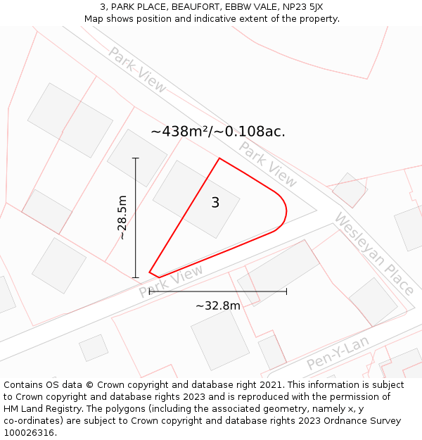 3, PARK PLACE, BEAUFORT, EBBW VALE, NP23 5JX: Plot and title map
