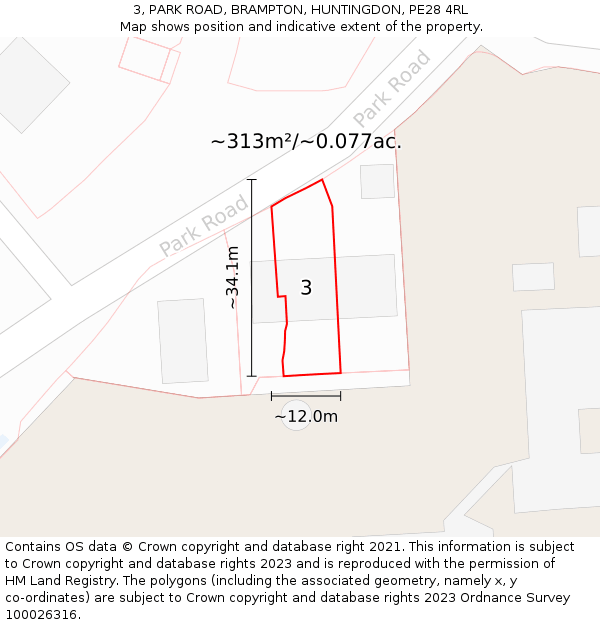 3, PARK ROAD, BRAMPTON, HUNTINGDON, PE28 4RL: Plot and title map